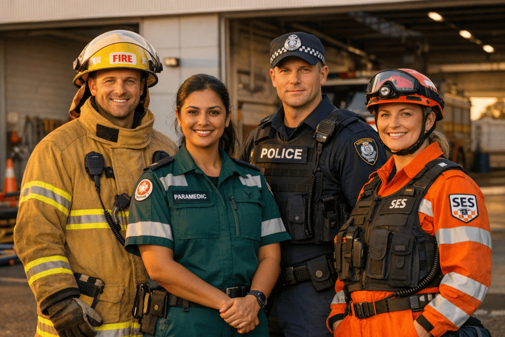 Diverse Australian emergency responders standing together outside a fire station at golden hour