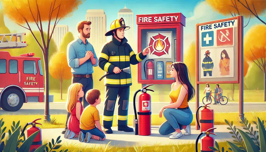 fire safety - A vibrant and colorful scene of a family learning about fire safety basics. A firefighter in full uniform is demonstrating how to use a fire extinguis