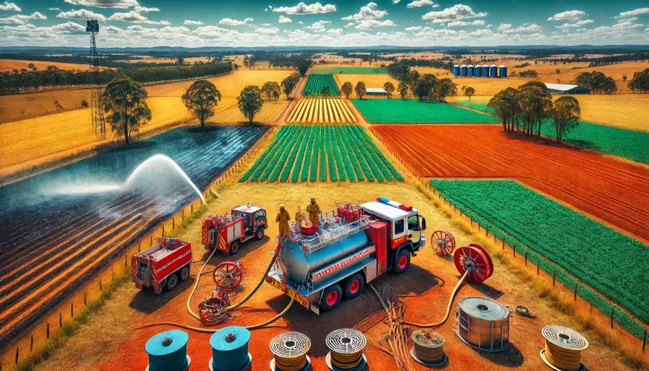 farm - A vibrant aerial view of an Australian farm with visible firebreaks separating fields and a private firefighting unit in action. The firefighting unit