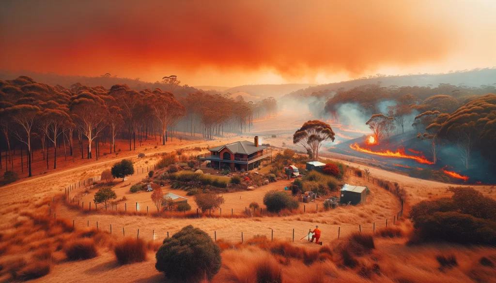 A scenic view of a rural area during the fire danger period, showcasing dry vegetation and a clear sky with a slightly reddish hue indicating high tem