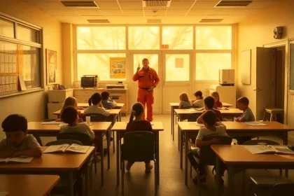 A bright, modern, and realistic scene inside an Australian school classroom converted into a bushfire smoke shelter.