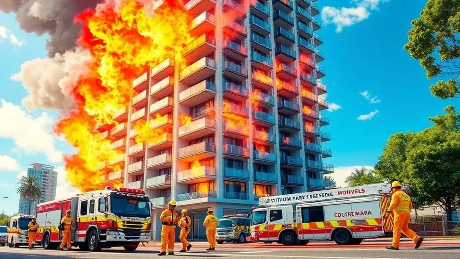 Firefighters and paramedics coordinating in a high‑rise lobby during a lithium battery fires incident, with police managing residents