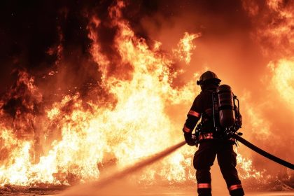 firefighter in action and flames