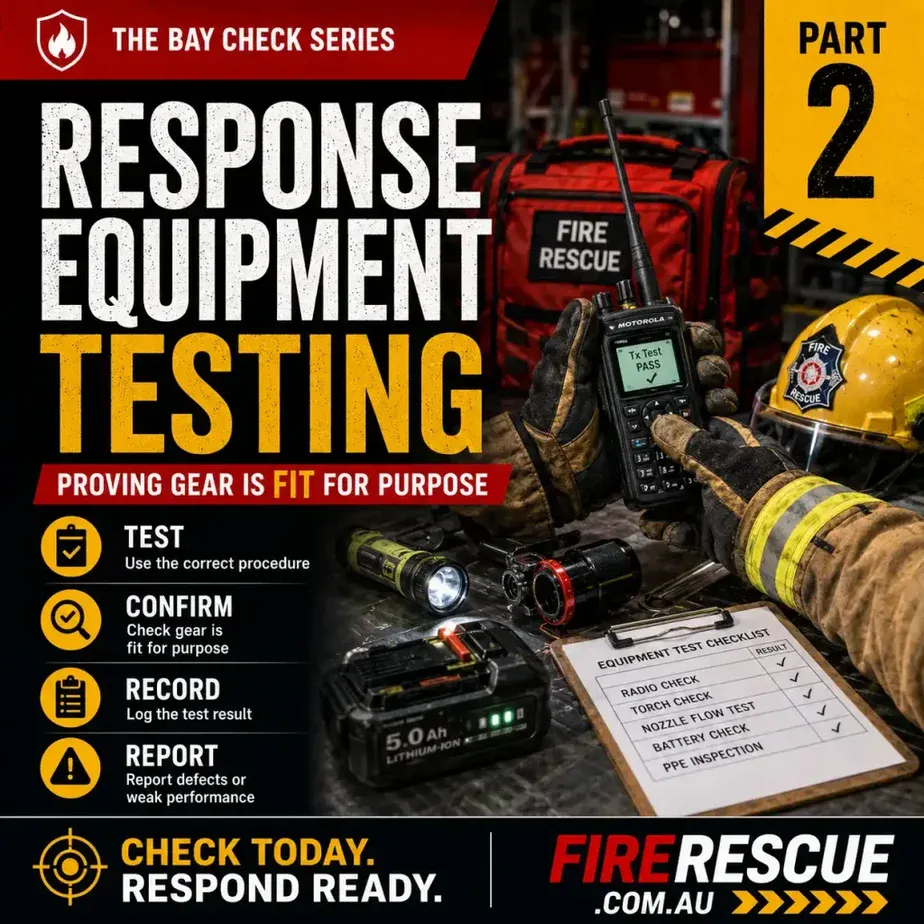 Emergency response equipment being tested and checked for operational readiness inside a station bay.