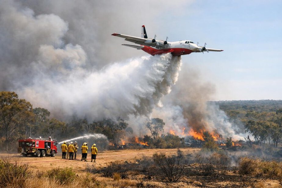 A firefighting aircraft drops water over a bushfire area while ground crews work nearby.