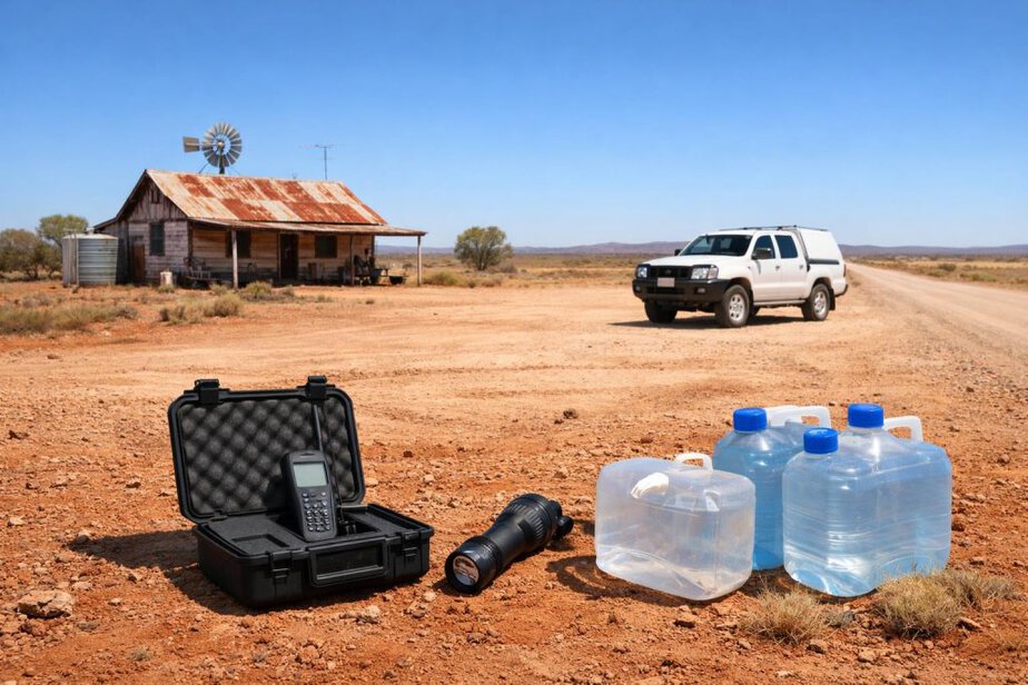 Remote outback road near a station building with preparedness gear in the foreground