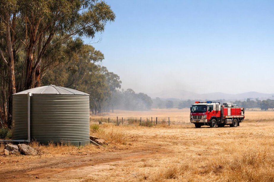 Australian rural emergency planning scene with dry farmland, a water tank and a fire truck in bright daylight.