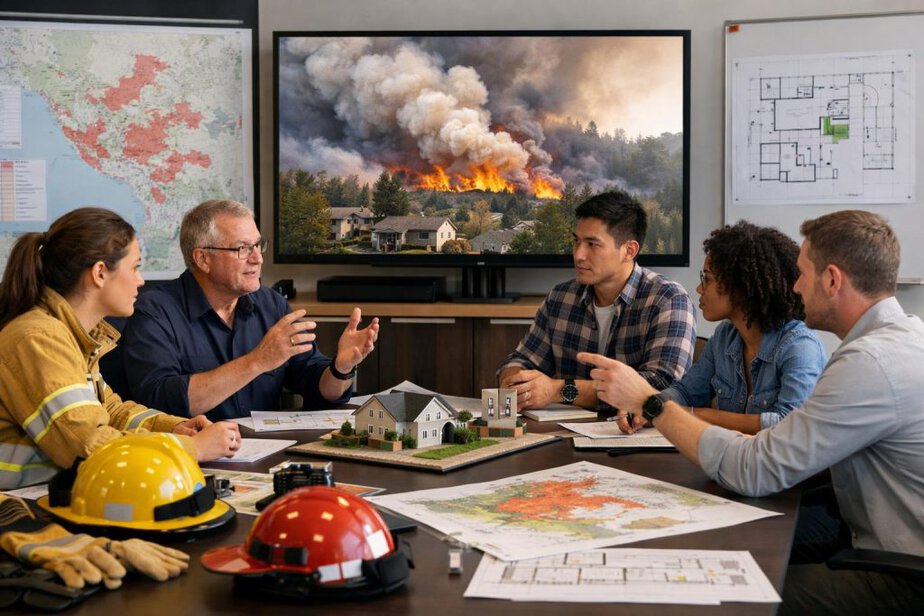 A diverse team reviewing fire research charts, maps and prevention plans in a modern meeting room.
