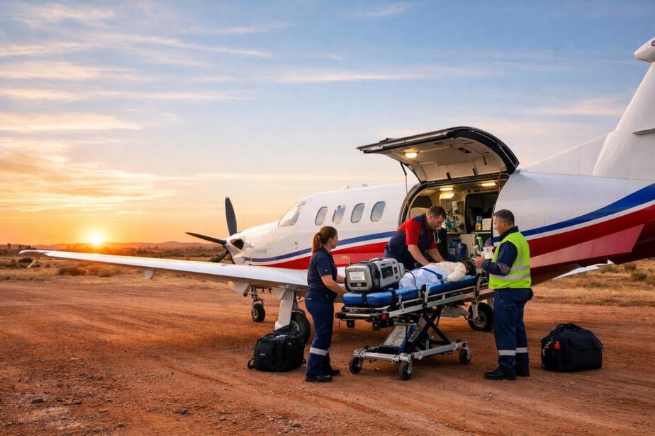 Aeromedical aircraft on a remote Australian airstrip with medical retrieval crew
