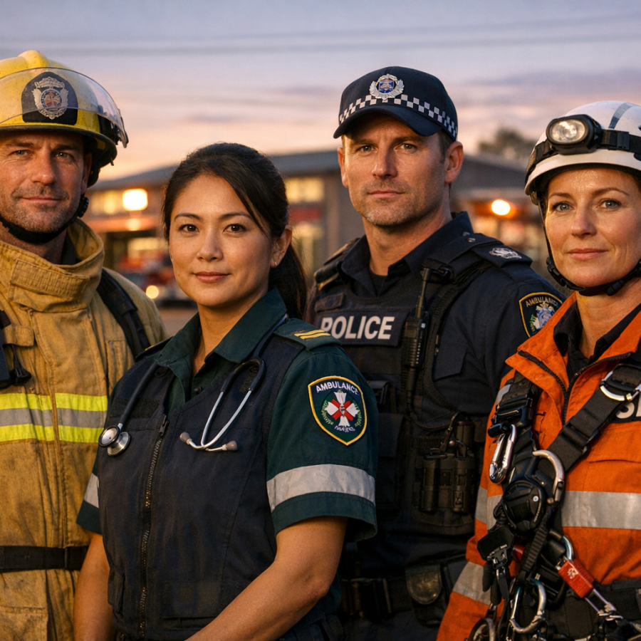 Diverse group of first responders standing together at dusk, respectful and dignified