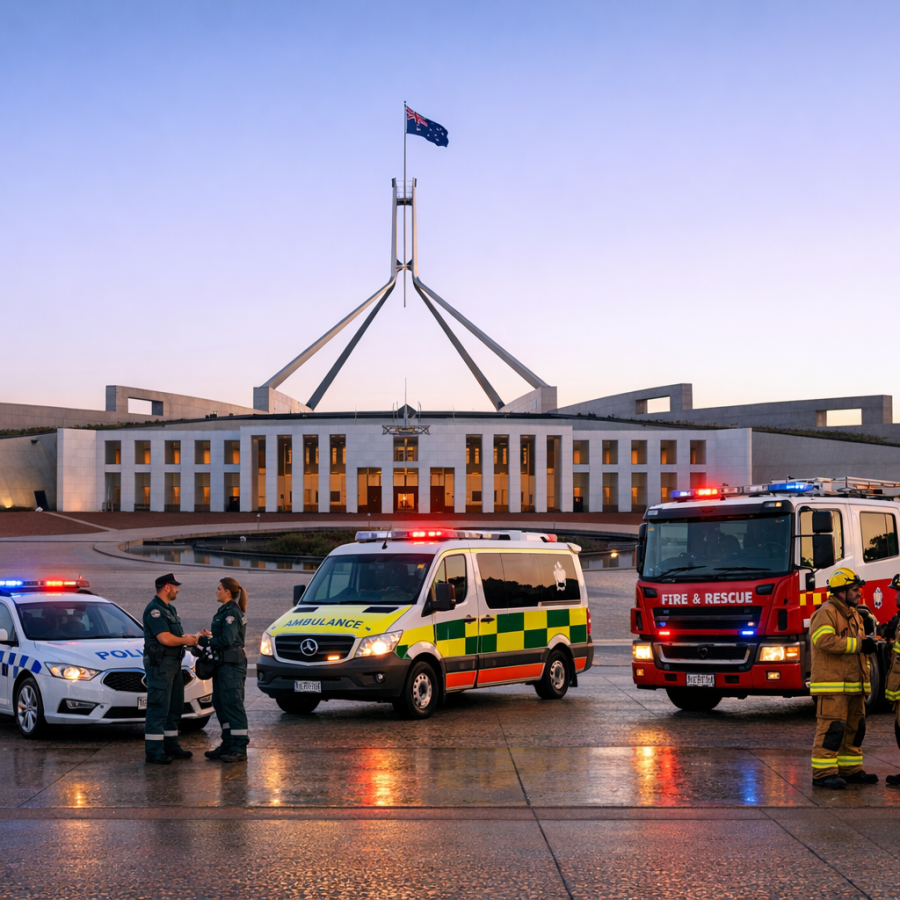 Panoramic view of central Canberra at dawn with emergency vehicles in front of Parliament House