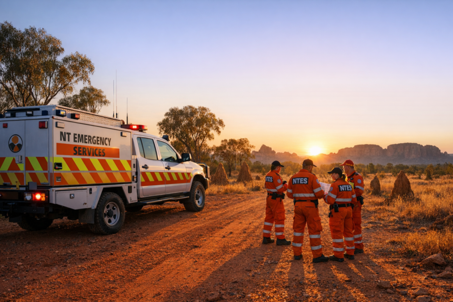 NT Emergency Services vehicle on red dirt road at dawn with volunteers coordinating near termite mounds and eucalyptus trees