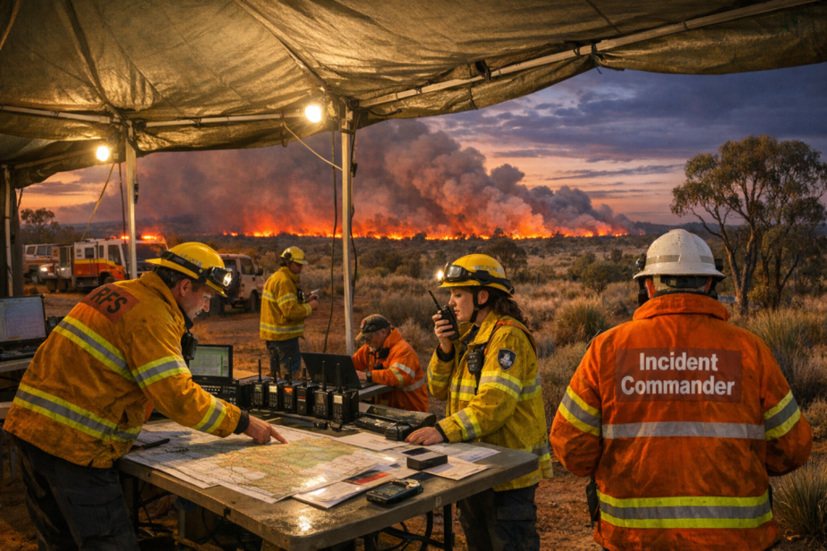 Outback incident command post at dusk with map tables, radios and personnel coordinating