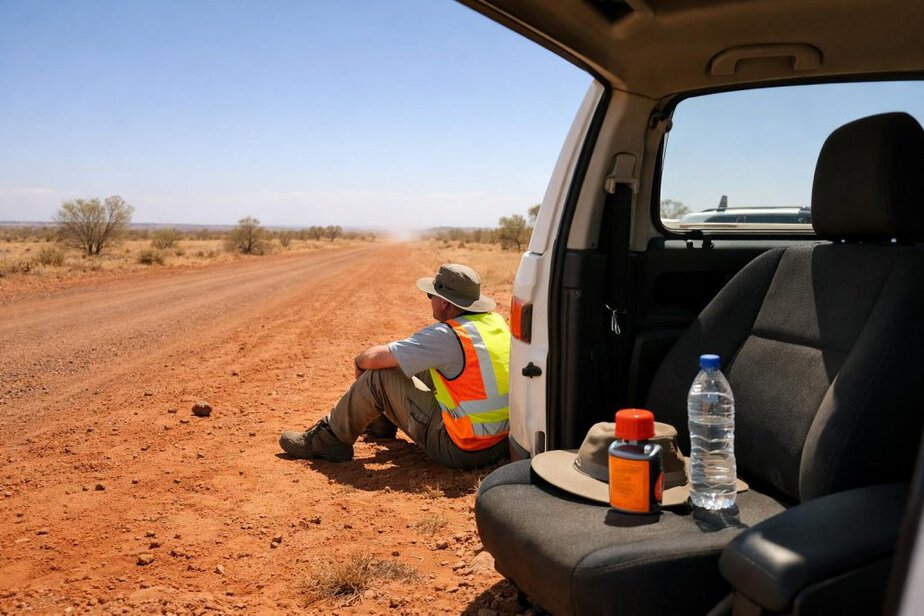 A parked vehicle and survival gear in a remote Australian outback setting with one person waiting in shade.