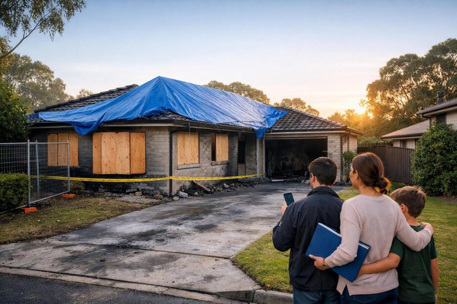 Fire-damaged suburban house with temporary boarding and a family standing at a safe distance.
