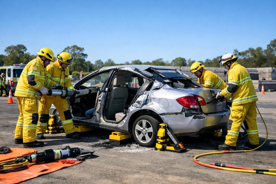 Australian rescuers in PPE working around a stabilised damaged vehicle during road crash rescue training
