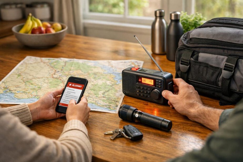 A family preparing to respond to an emergency warning with a phone, radio and emergency supplies on a table.